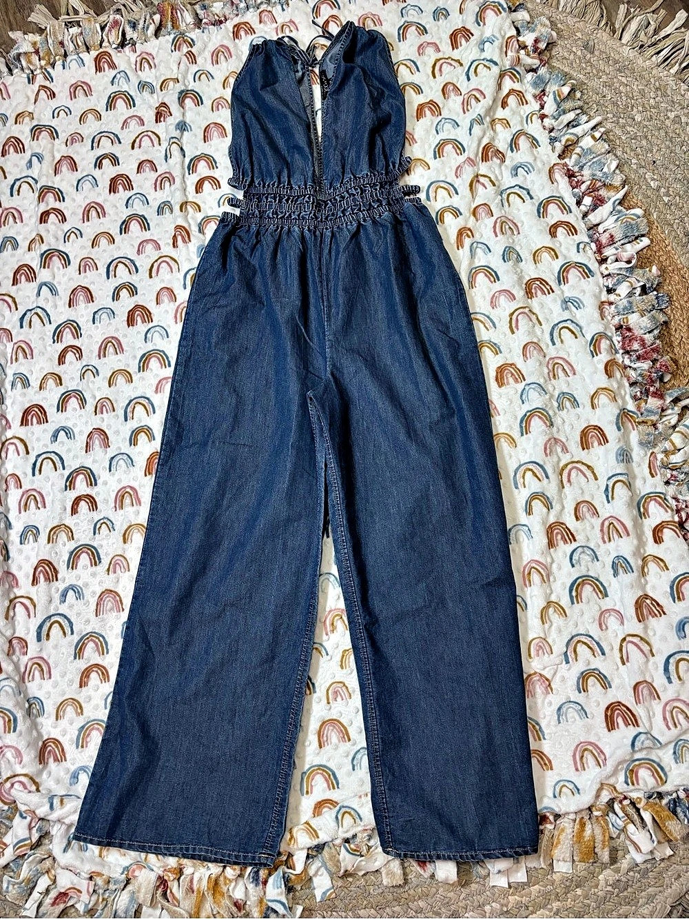 Hint of Blush Denim-Look Wide Leg Jumpsuit Size XL Like New